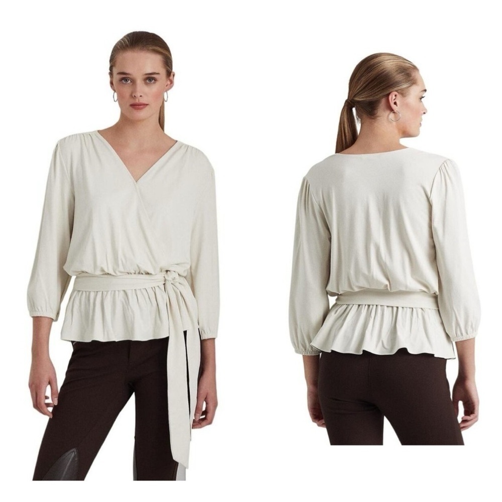 Lauren Ralph Lauren Jersey Peplum Blouse Mascarpone Cream Nwt Size S